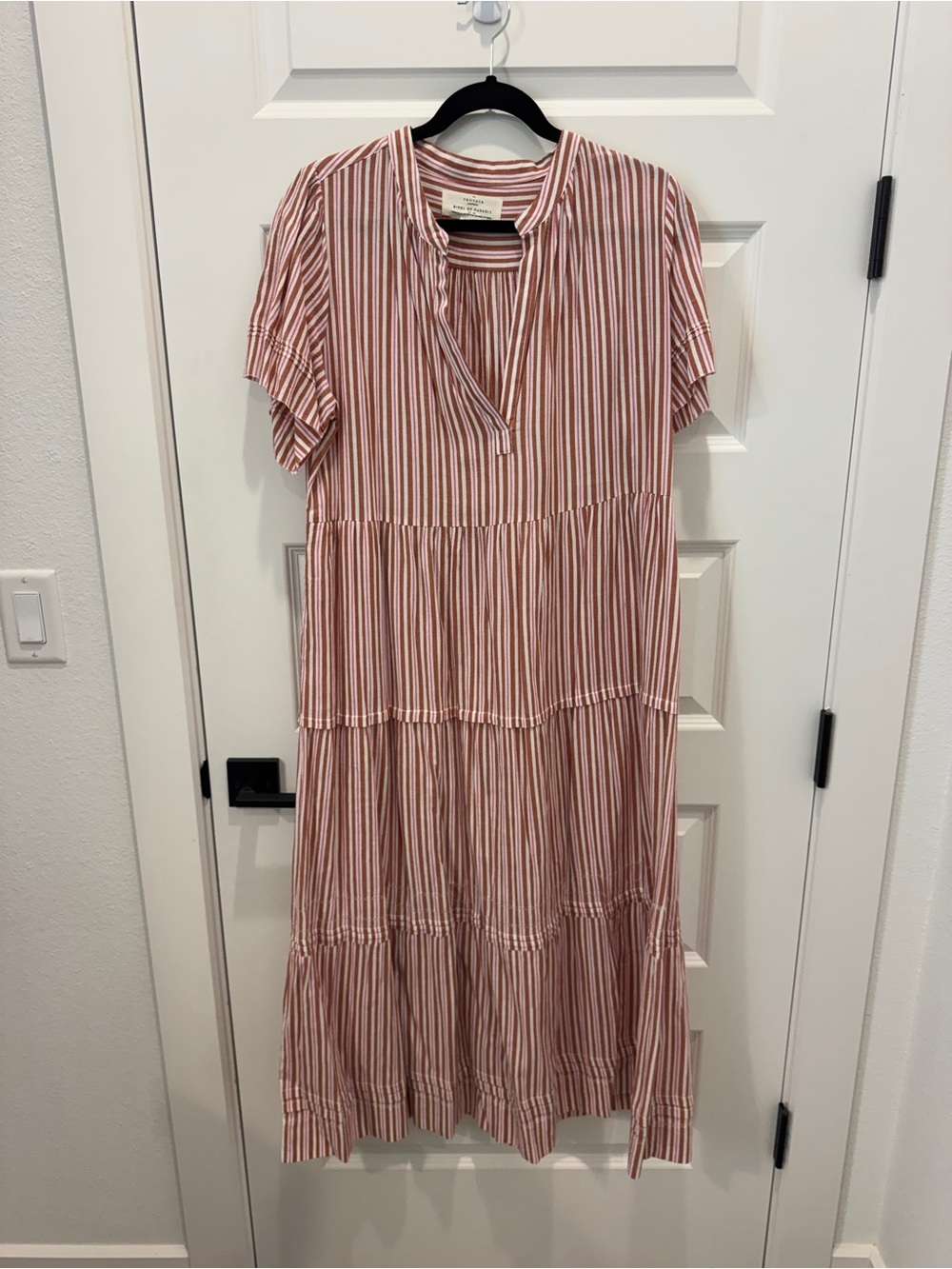 Striped Pink and White Tiered Midi Dress with Notch Neck